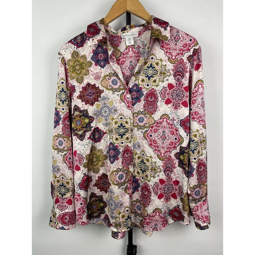 Cupcakes and Cashmere Pink Paisley Boho Chic Long Sleeve Button Down Blouse Sz S